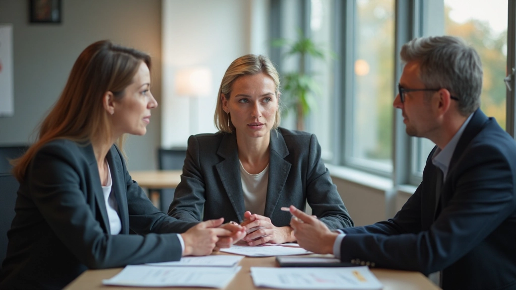 Diverse groep professionele werknemers voert aangesprekig en collegiaal gesprek rond moderne conferentietafel in zakelijke kantooromgeving