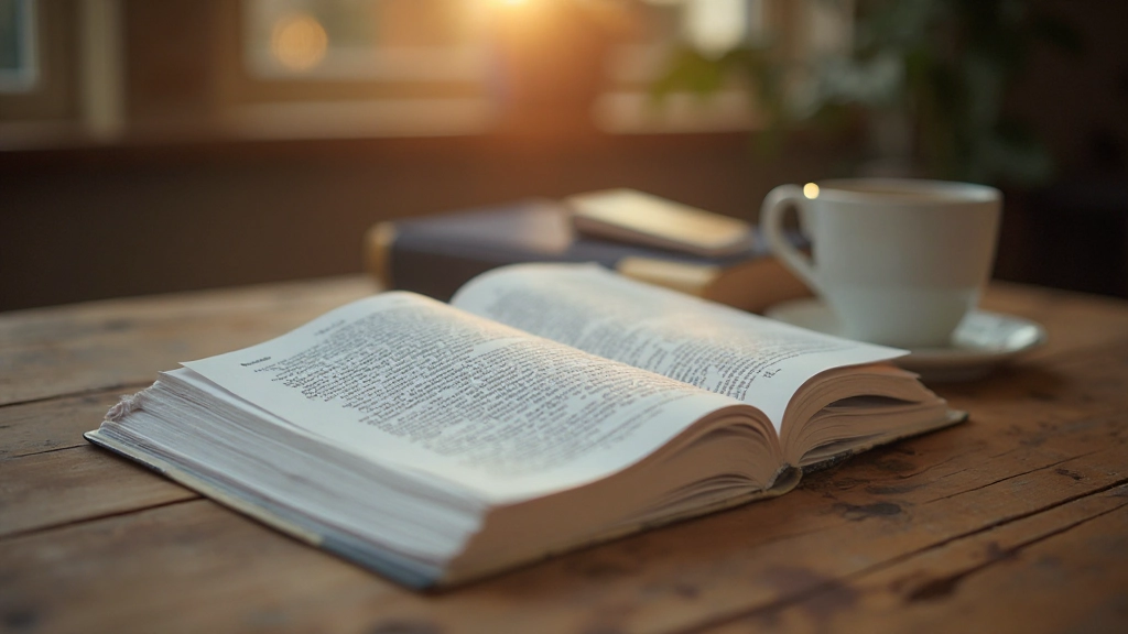 Afbeelding van Nederlands woordenboek en schrijfgids op houten tafel met kopje koffie, gezellige leeromgeving, warm daglicht, onscherpe achtergrond