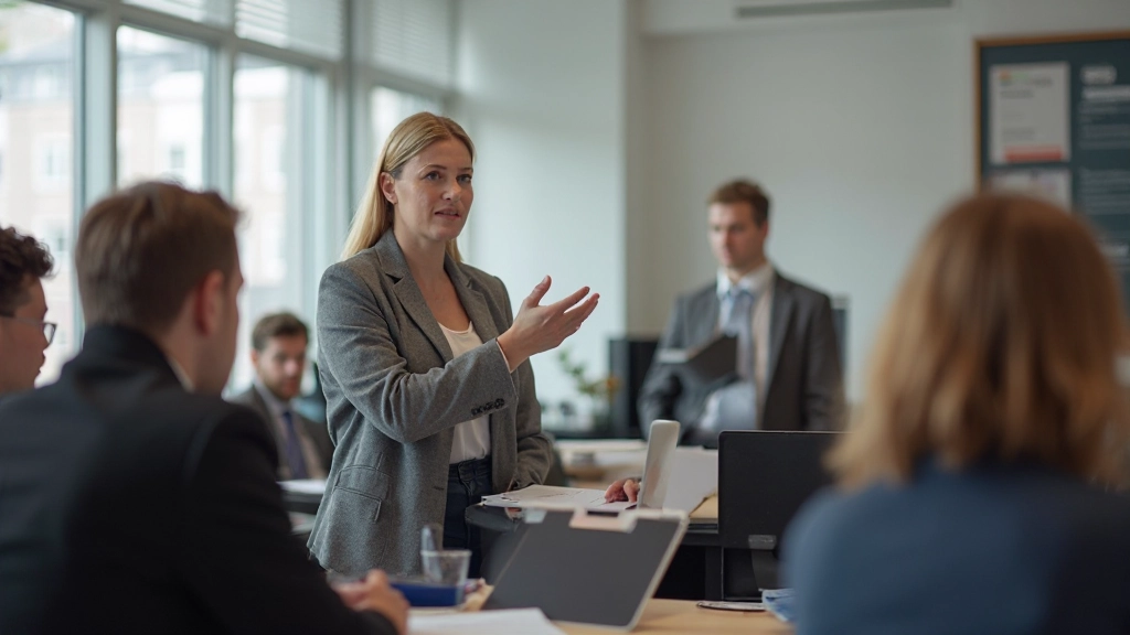 Nederlandse taalleraar geeft les aan gemotiveerde studenten in moderne onderwijssetting met ramen en natuurlijk licht