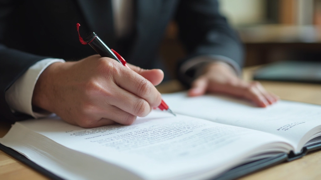 Close-up van rood geredigeerde manuscriptpagina met correcties en notities, redactie proces visualisatie, professioneel bureau setting