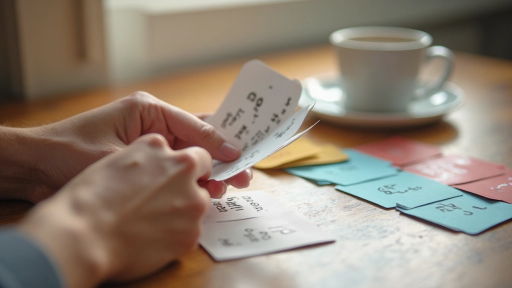 Kleurrijke flashcards met Nederlandse woorden gerangschikt op bureau met kopje koffie