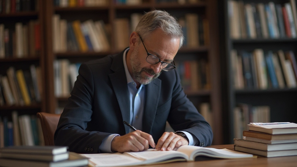 Linguïst bestudeert Nederlandse woordenboek en taalreferentiematerialen in bibliotheek