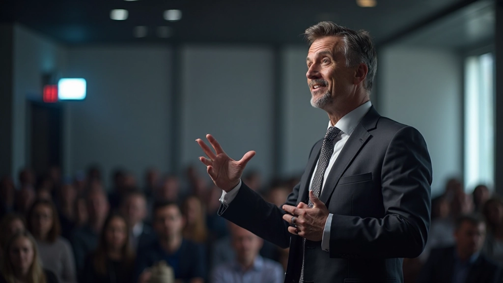 Professionele man geeft presentatie voor belangrijk publiek met zelfvertrouwen