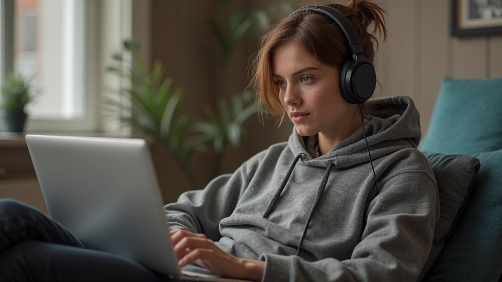 Persoon luistert met koptelefoon naar Nederlandse audiolesje in rustige omgeving