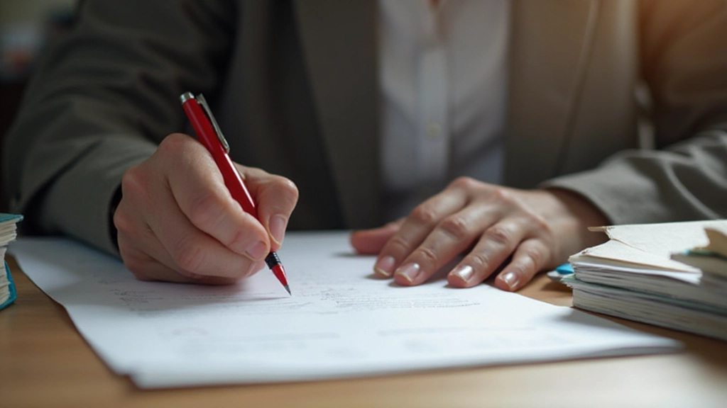 Professionele proeflezeres die Nederlands manuscript controleert op fouten met pen, nauwkeurige redactiewerk, kantoor setting met boeken