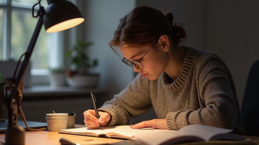 Scholier schrijft Nederlands essay aan bureau met geopend notitieboek en pen