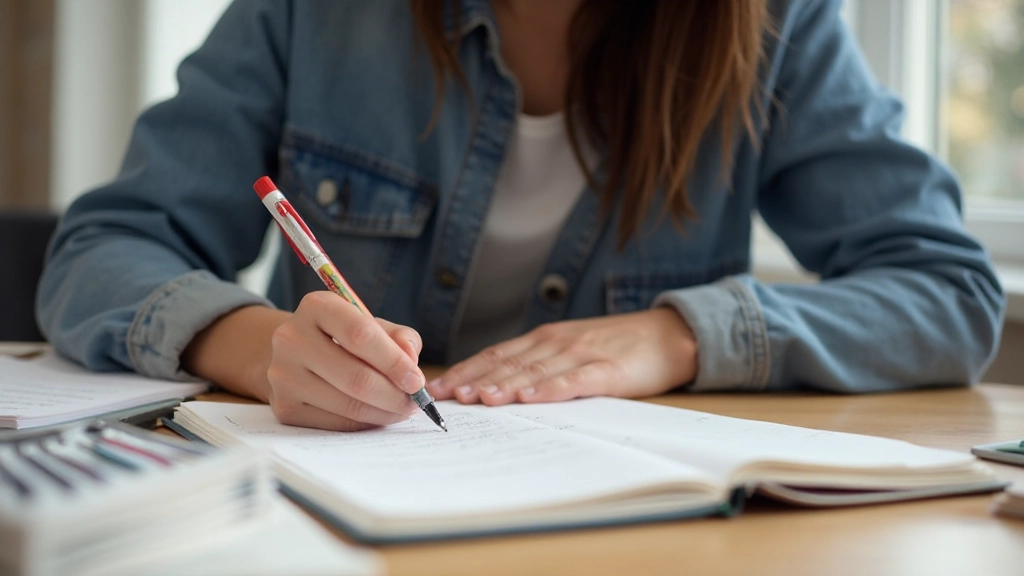 Persoon schrijft Nederlandse woorden en definities in een leerboek met kleurige markeerstiften