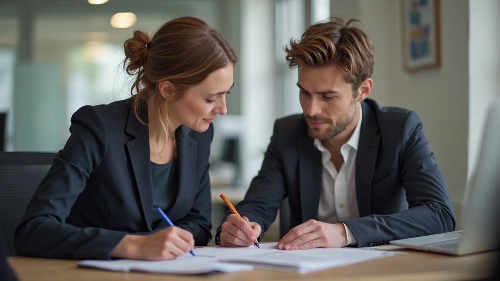 Afbeelding van een taalleraar die Nederlandse schrijftechnieken uitlegt aan een student aan een bureau vol referentiematerialen