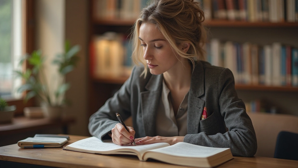 Professionele afbeelding van een Nederlands taalstudent die grammaticaboeken bestudeert in een moderne bibliotheek met warm licht