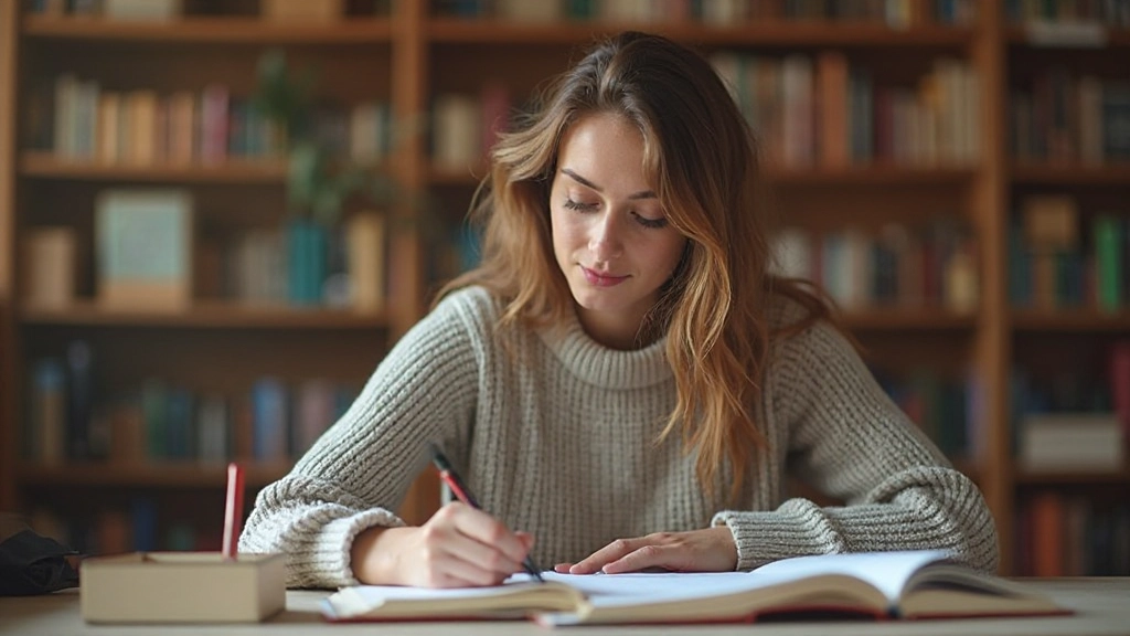 Persoon die Nederlands woordenboek bestudeert in bibliotheek met notitieblok en pen, warm licht
