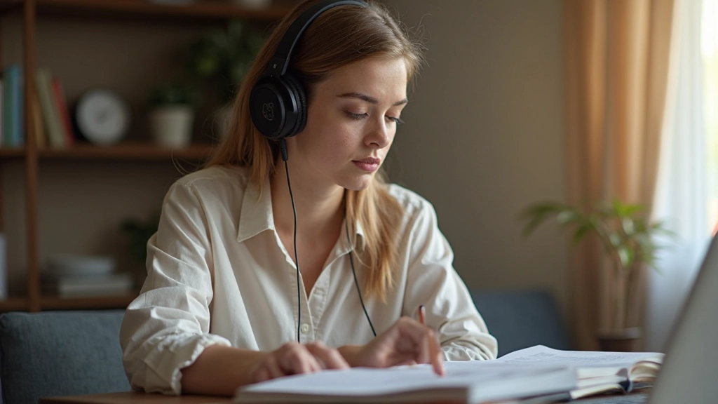 Professionele vrouw luistert aandachtig naar spraakles via koptelefoon in rustige studeeromgeving