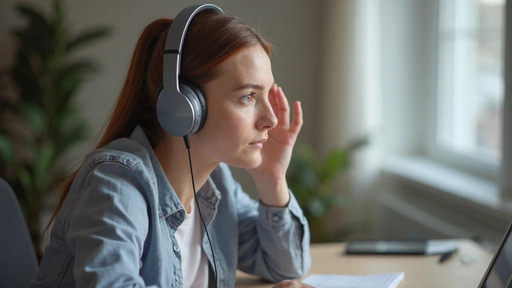 Professionele vrouw die aandachtig luistert naar Nederlandse spraakles via koptelefoon in rustige en goed verlichte studeeromgeving