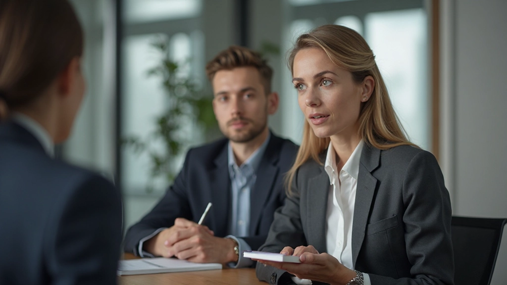 Professionele vrouw luistert aandachtig naar collega in vergaderruimte met notitieblok